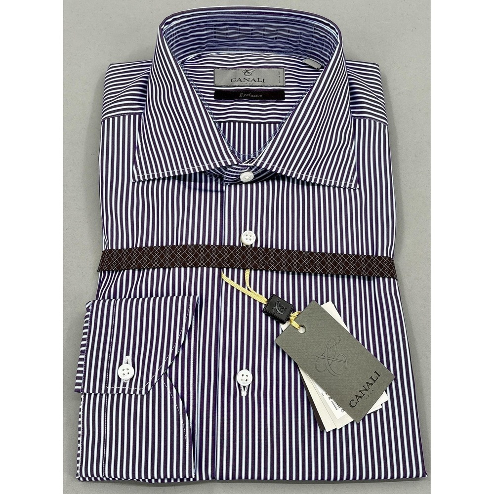 Canali Shirt Mens 16 34/35 Purple Stripe Modern Fit Long Sleeve Dress Italy NWT